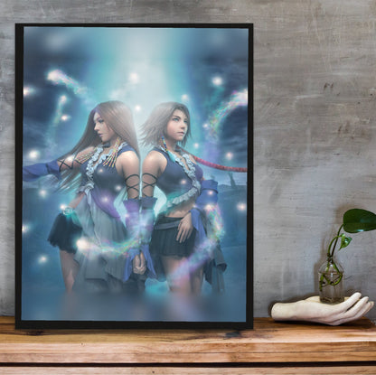 Final Fantasy X-2 Lenne and Yuna poster in a black frame on a wooden shelf against concrete (vertical)