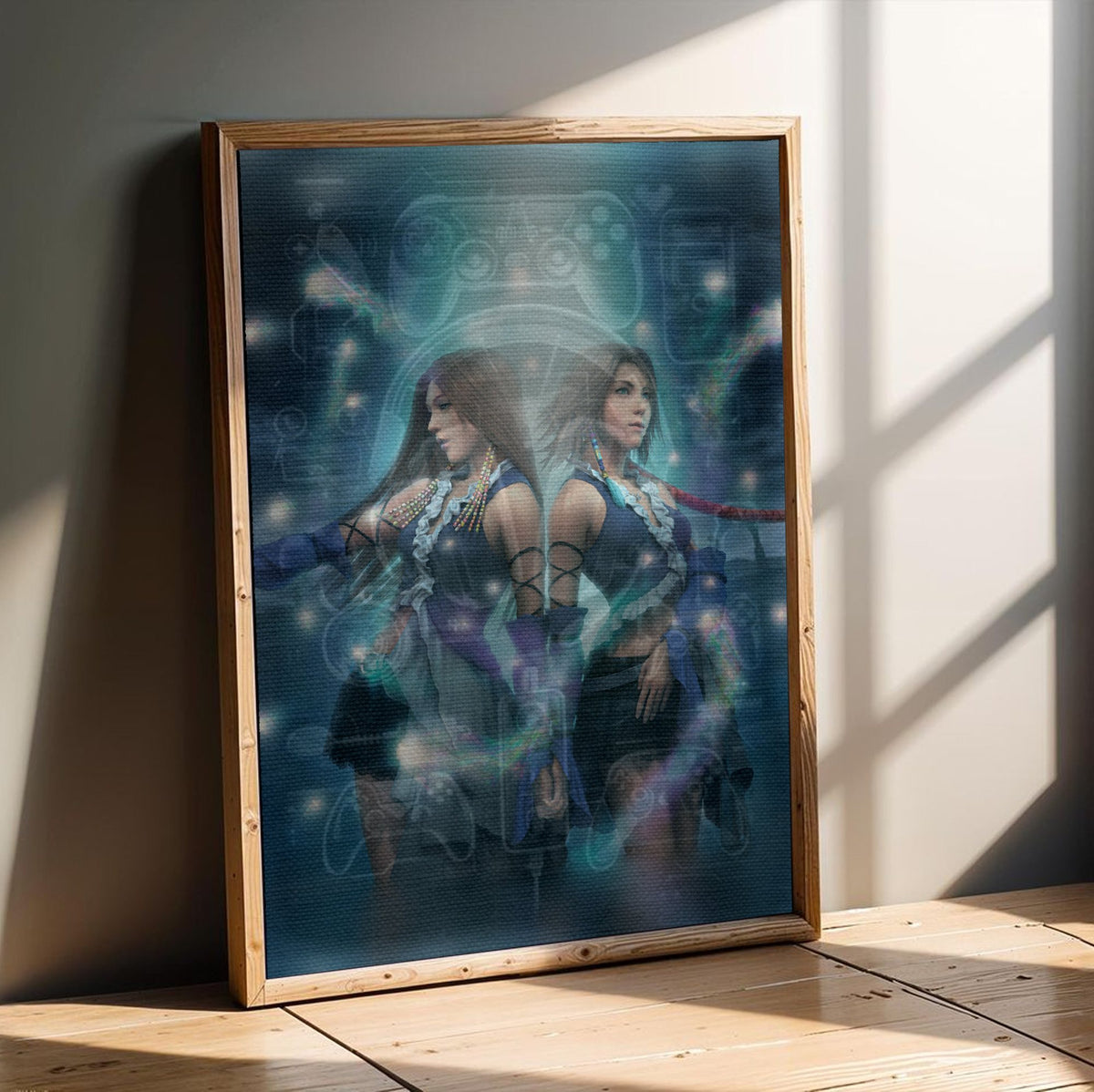 Final Fantasy X-2 Lenne and Yuna poster in an oak frame leaning on a wooden floor (vertical)
