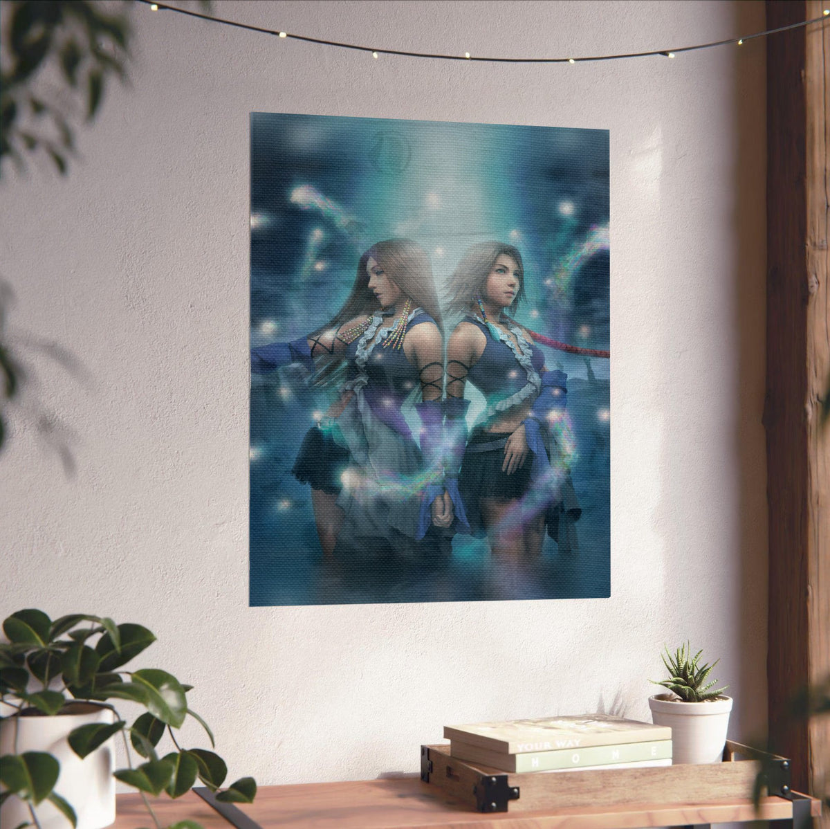 Final Fantasy X-2 Lenne and Yuna poster unframed on a white wall above a desk (vertical)