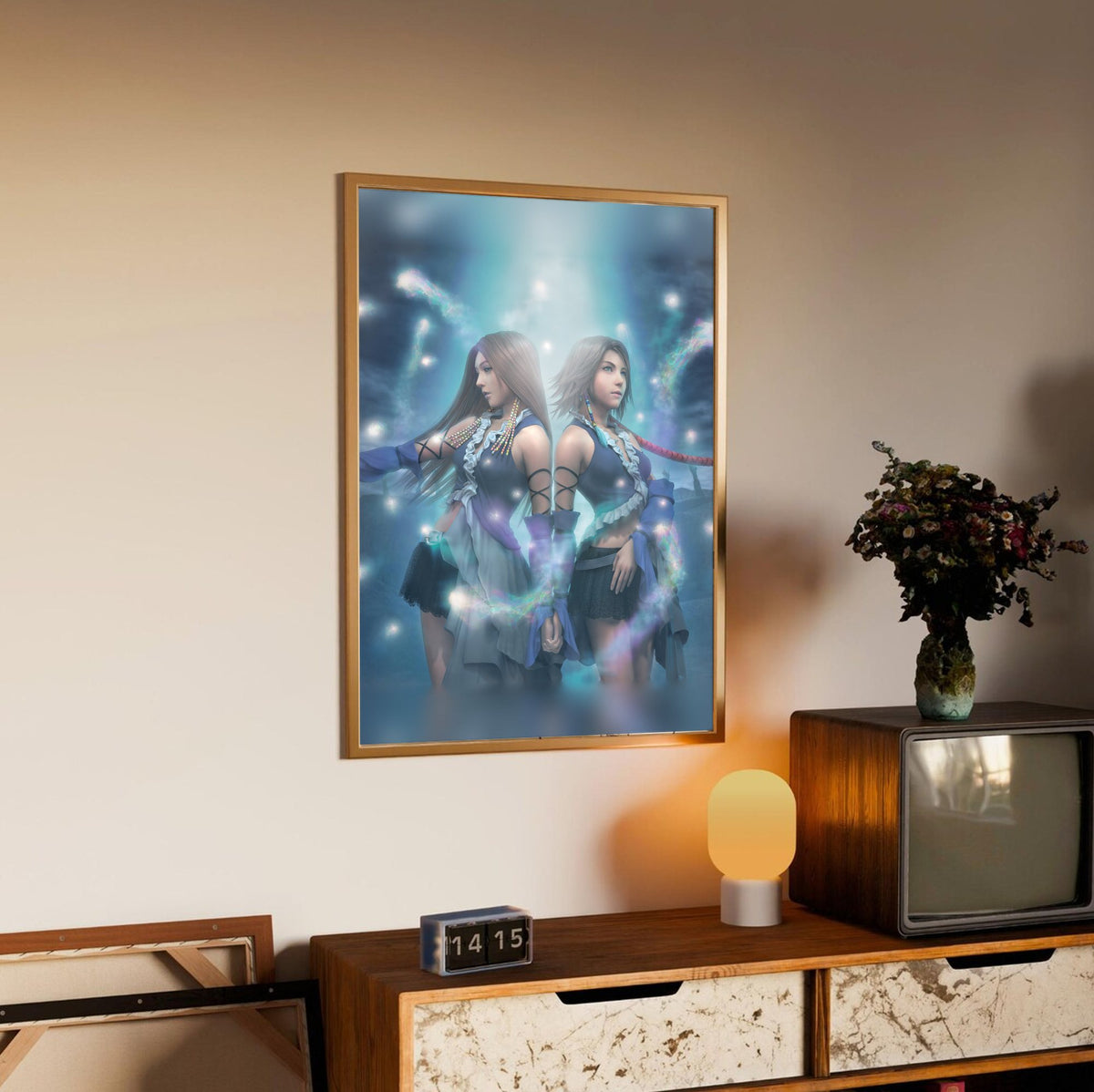 Final Fantasy X-2 Lenne and Yuna poster in an oak frame above a sideboard (vertical)