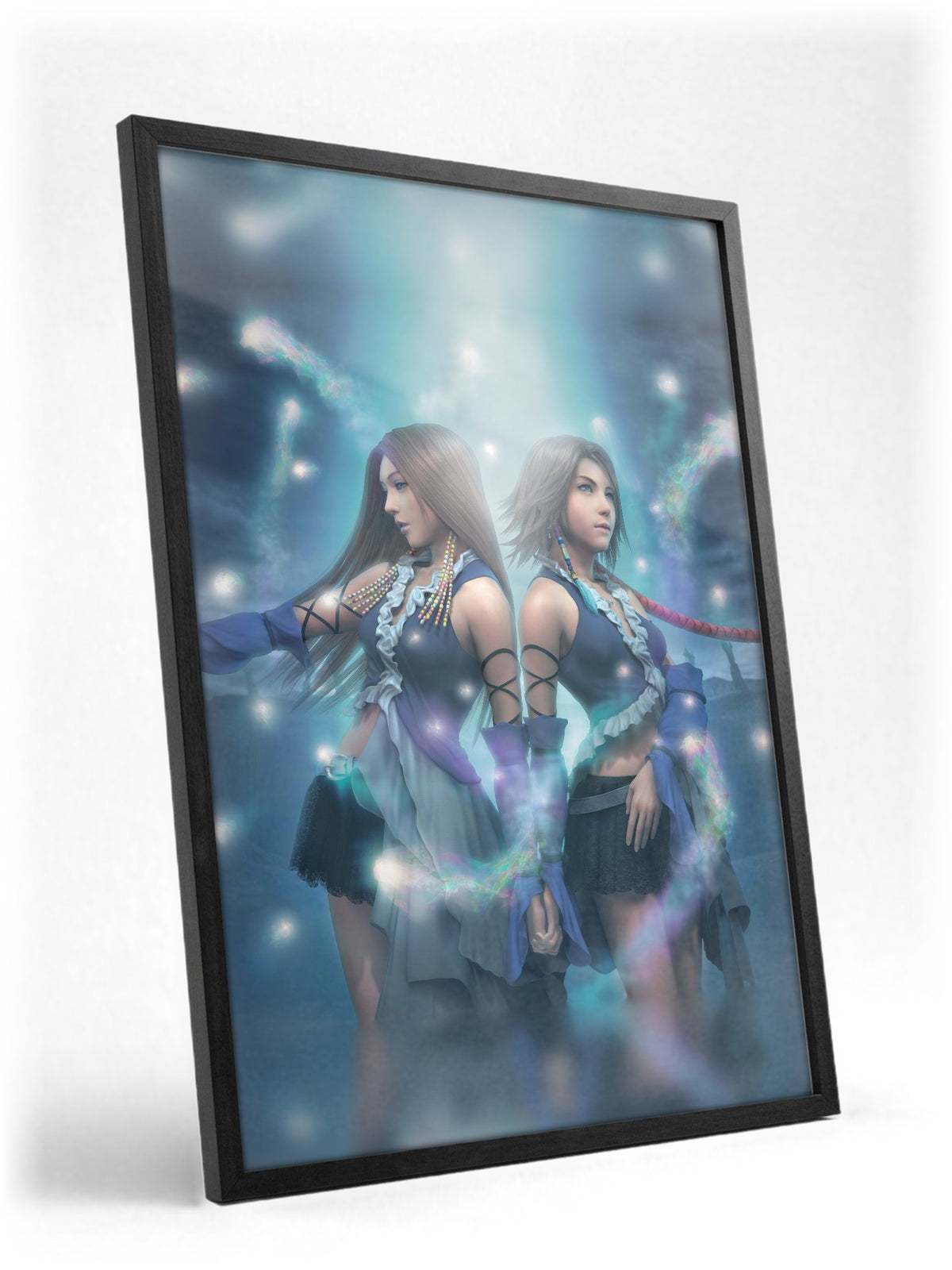 Final Fantasy X-2 Lenne and Yuna poster in a black frame with glass leaning against a wall (vertical)