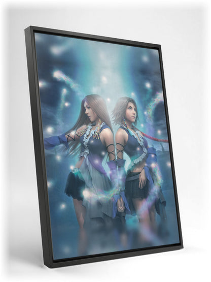 Final Fantasy X-2 Lenne and Yuna as a black floater framed canvas leaning against a wall (vertical)