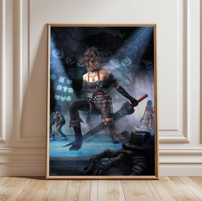 Final Fantasy X-2 Paine Key Art poster in a light oak frame leaning against a white wall