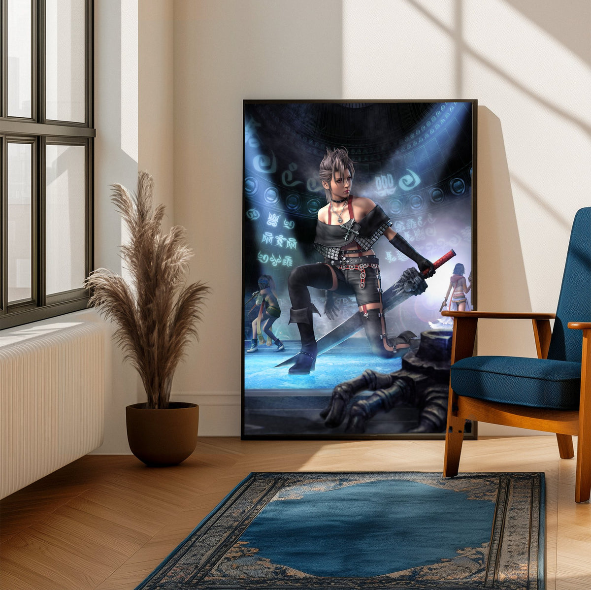 Final Fantasy X-2 Paine Key Art poster framed beside a blue armchair in a sunlit room