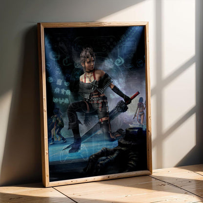 Final Fantasy X-2 Paine Key Art poster in an oak frame leaning on a wooden floor