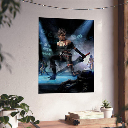 Final Fantasy X-2 Paine Key Art poster unframed on a white wall above a desk