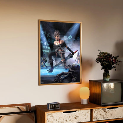Final Fantasy X-2 Paine Key Art poster in an oak frame above a sideboard