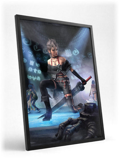 Final Fantasy X-2 Paine Key Art poster in a black frame with glass leaning against a wall