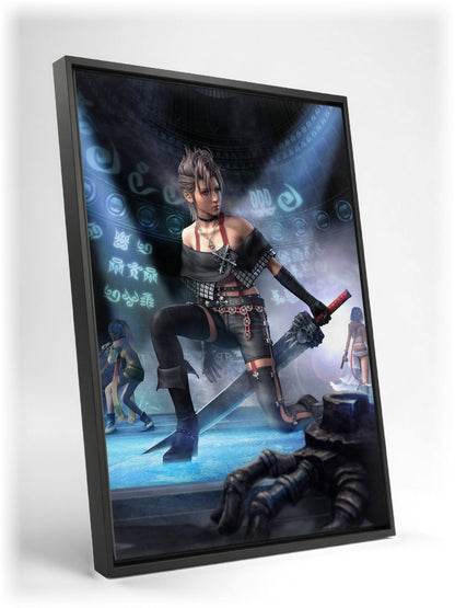 Final Fantasy X-2 Paine Key Art as a black floater framed canvas leaning against a wall