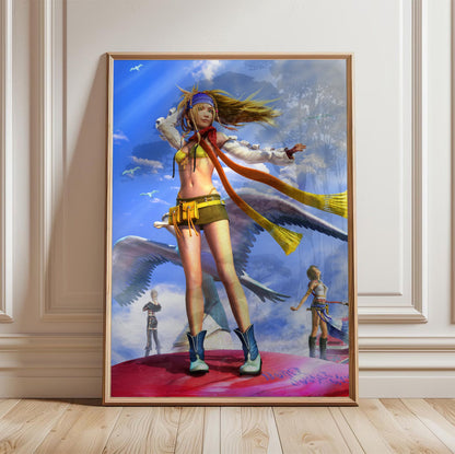 Final Fantasy X-2 Rikku Key Art poster in a light oak frame leaning against a white wall