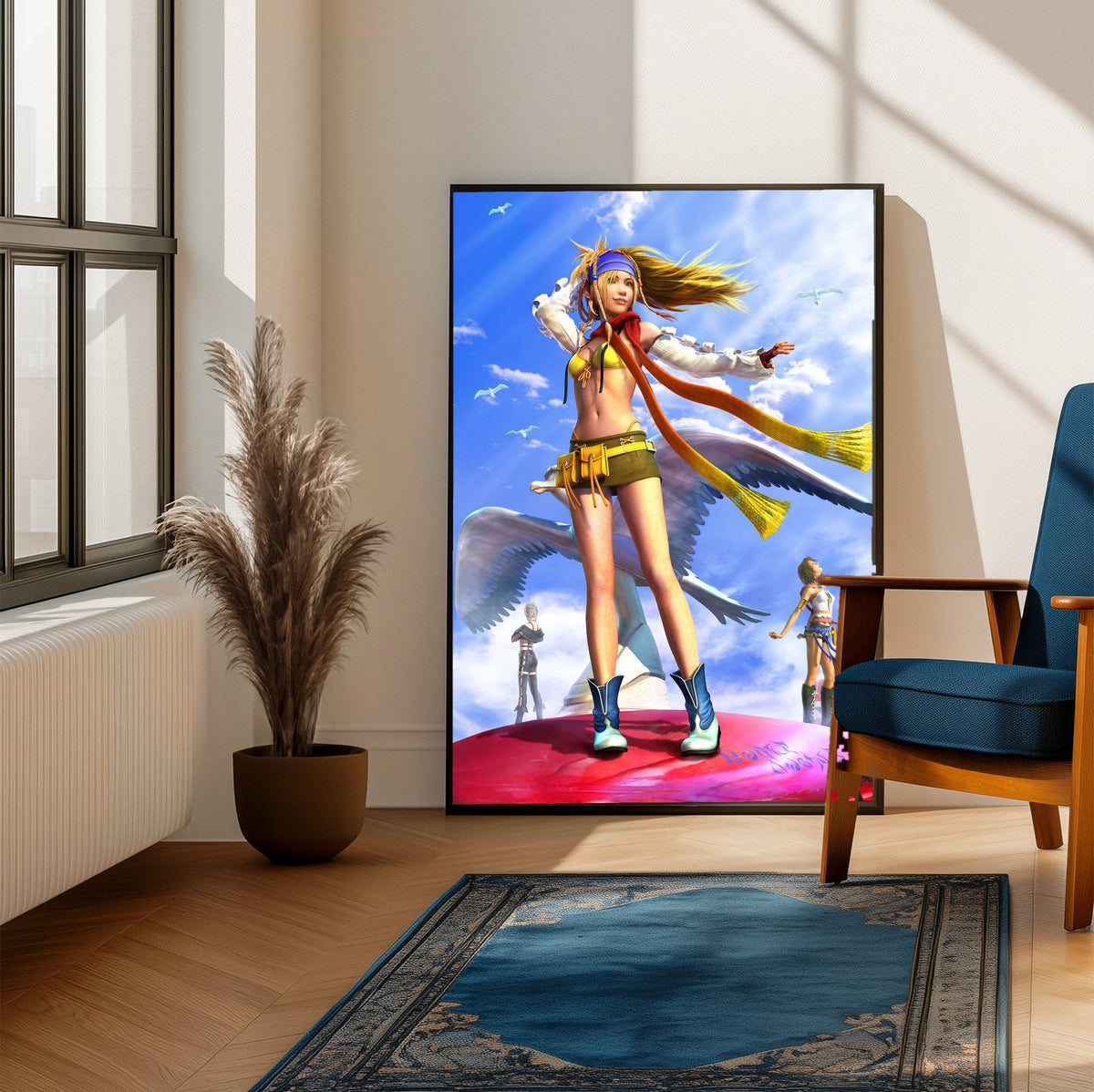 Final Fantasy X-2 Rikku Key Art poster framed beside a blue armchair in a sunlit room