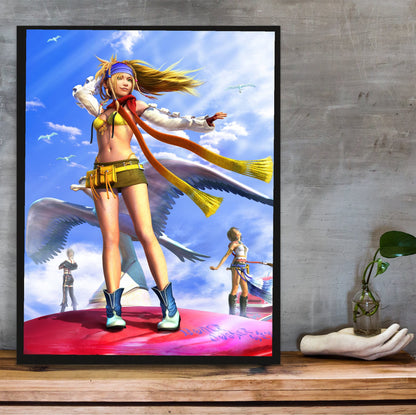Final Fantasy X-2 Rikku Key Art poster in a black frame on a wooden shelf against concrete