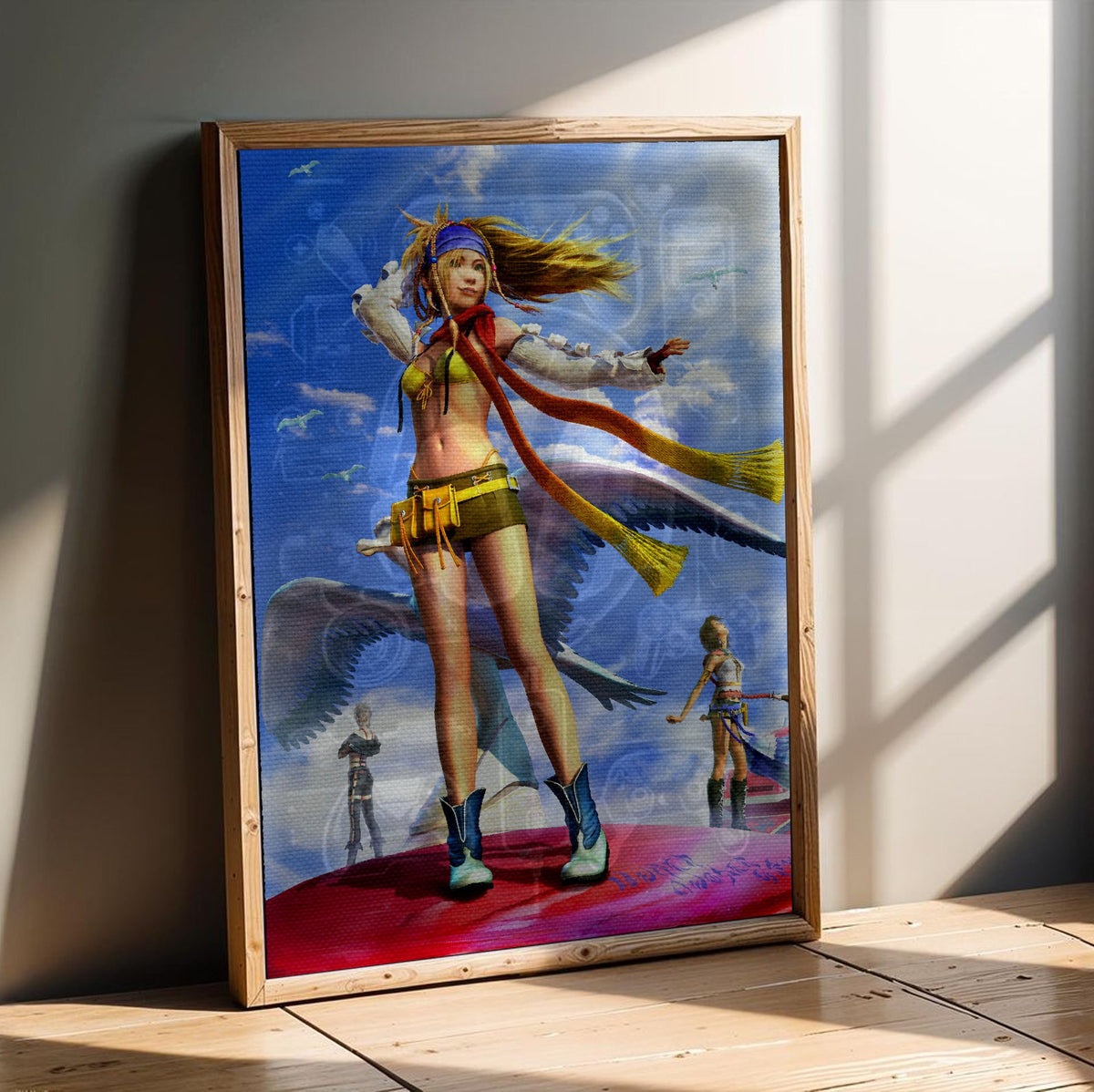 Final Fantasy X-2 Rikku Key Art poster in an oak frame leaning on a wooden floor