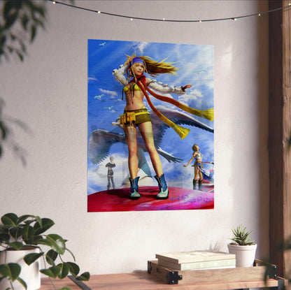 Final Fantasy X-2 Rikku Key Art poster unframed on a white wall above a desk