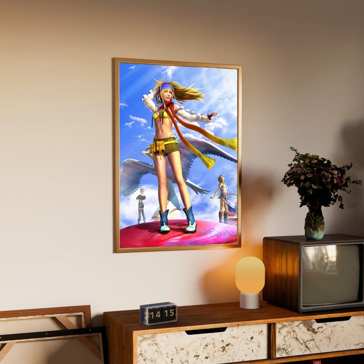 Final Fantasy X-2 Rikku Key Art poster in an oak frame above a sideboard