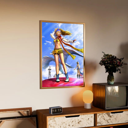 Final Fantasy X-2 Rikku Key Art poster in an oak frame above a sideboard