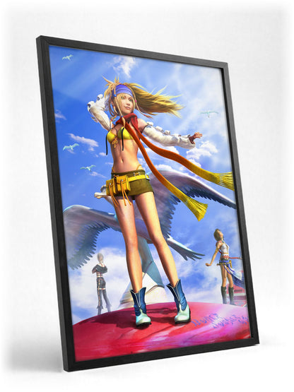 Final Fantasy X-2 Rikku Key Art poster in a black frame with glass leaning against a wall