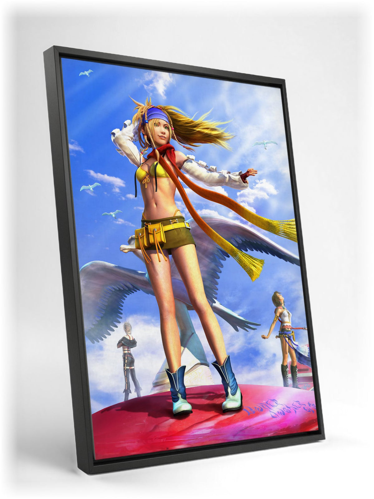 Final Fantasy X-2 Rikku Key Art as a black floater framed canvas leaning against a wall