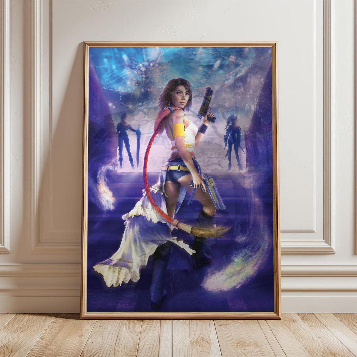 Final Fantasy X-2 Yuna Key Art poster in a light oak frame leaning against a white wall