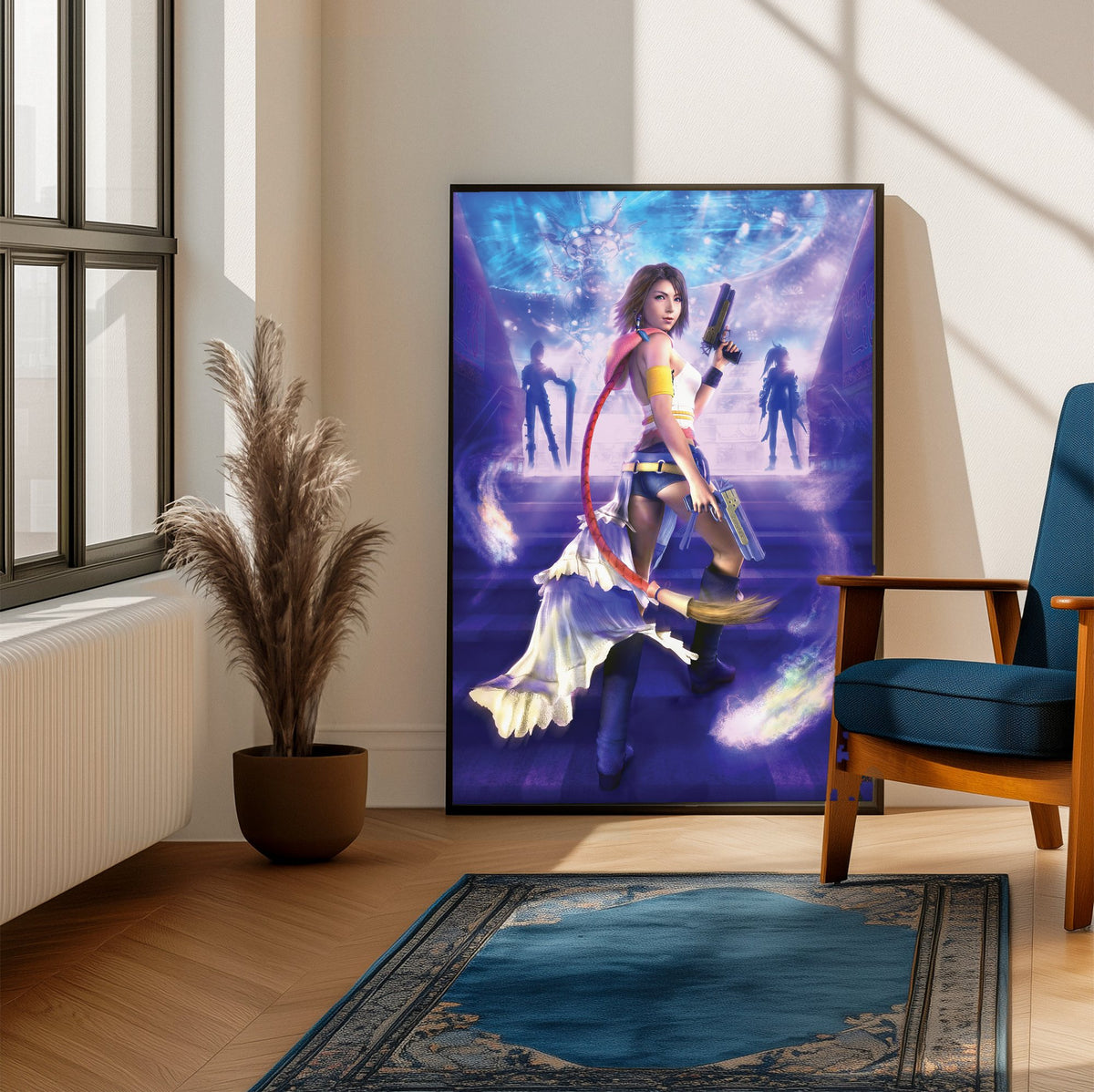 Final Fantasy X-2 Yuna Key Art poster framed beside a blue armchair in a sunlit room