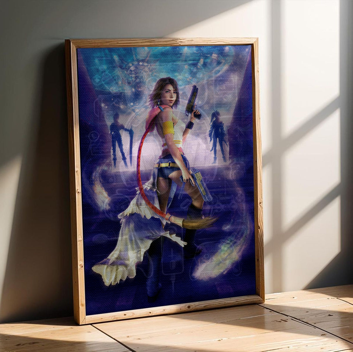 Final Fantasy X-2 Yuna Key Art poster in an oak frame leaning on a wooden floor