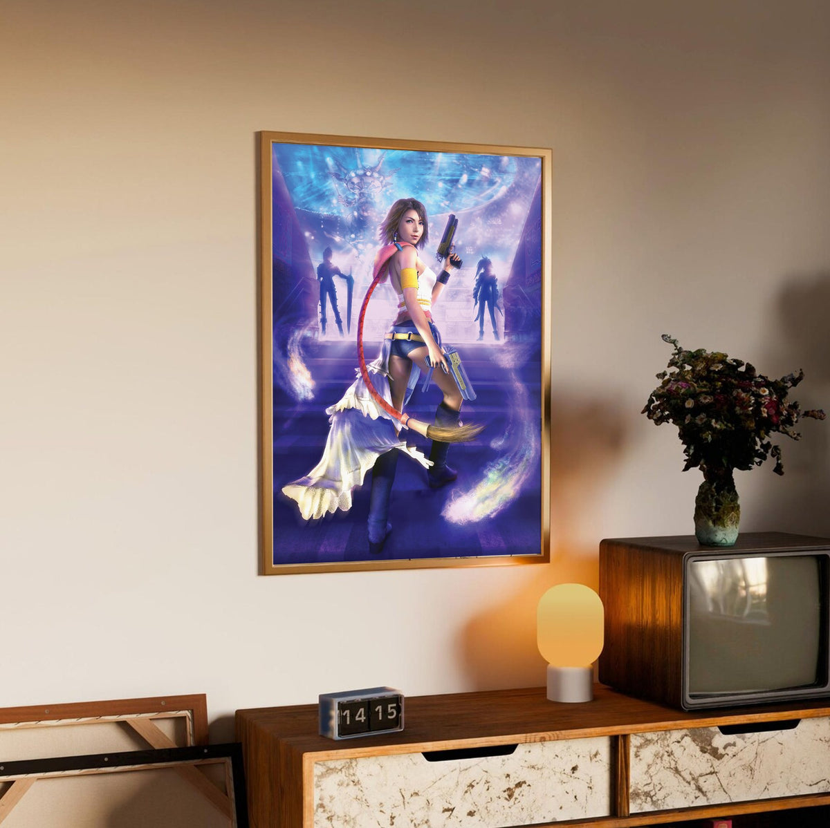 Final Fantasy X-2 Yuna Key Art poster in an oak frame above a sideboard