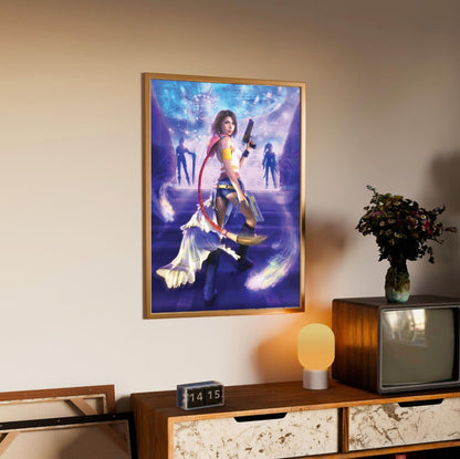 Final Fantasy X-2 Yuna Key Art poster in an oak frame above a sideboard
