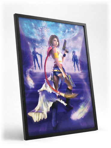 Final Fantasy X-2 Yuna Key Art poster in a black frame with glass leaning against a wall