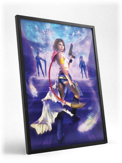 Final Fantasy X-2 Yuna Key Art poster in a black frame with glass leaning against a wall