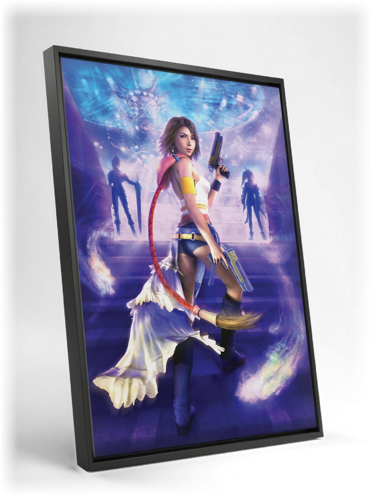 Final Fantasy X-2 Yuna Key Art as a black floater framed canvas leaning against a wall