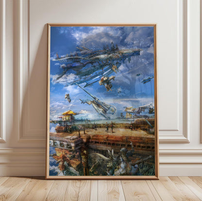 Final Fantasy XII Airship Promo Art poster in a light oak frame leaning against a white wall