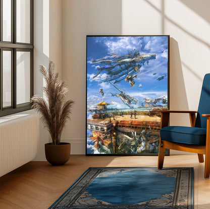 Final Fantasy XII Airship Promo Art poster framed beside a blue armchair in a sunlit room