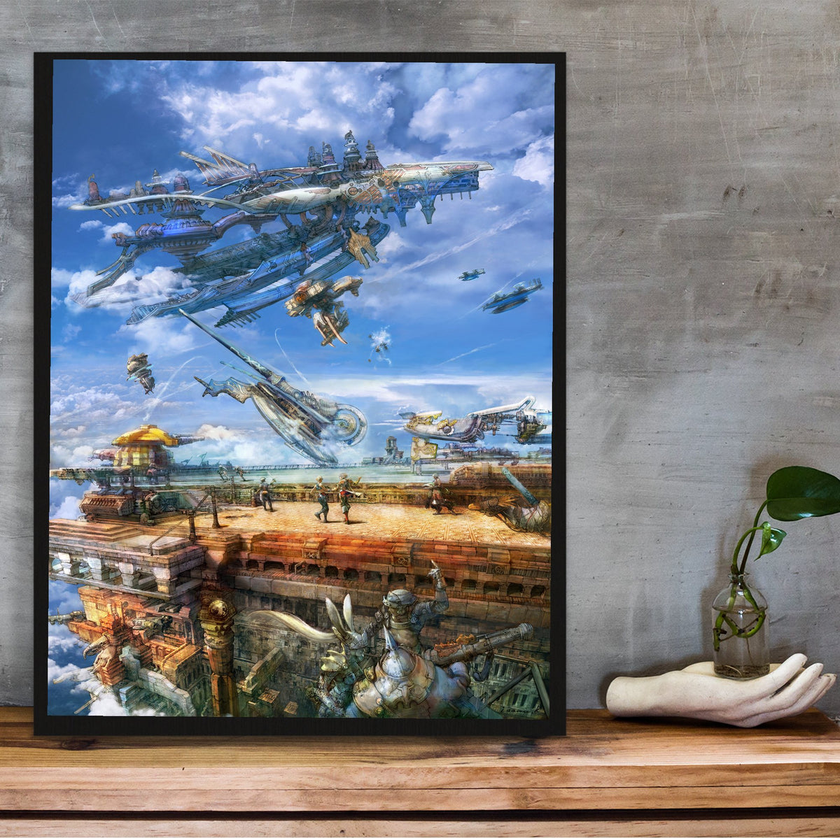 Final Fantasy XII Airship Promo Art poster in a black frame on a wooden shelf against concrete