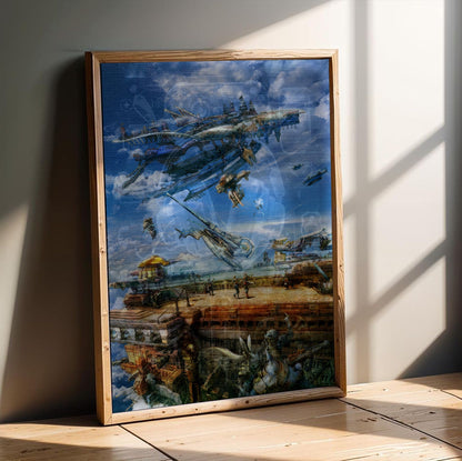Final Fantasy XII Airship Promo Art poster in an oak frame leaning on a wooden floor