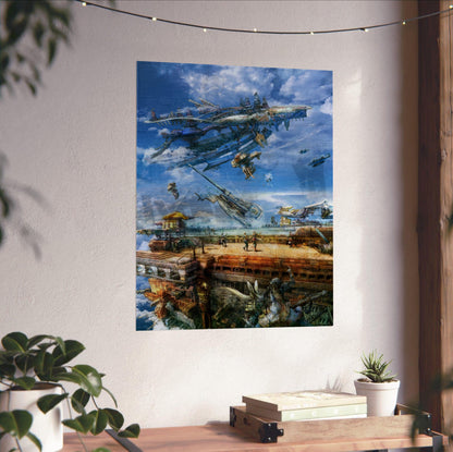 Final Fantasy XII Airship Promo Art poster unframed on a white wall above a desk