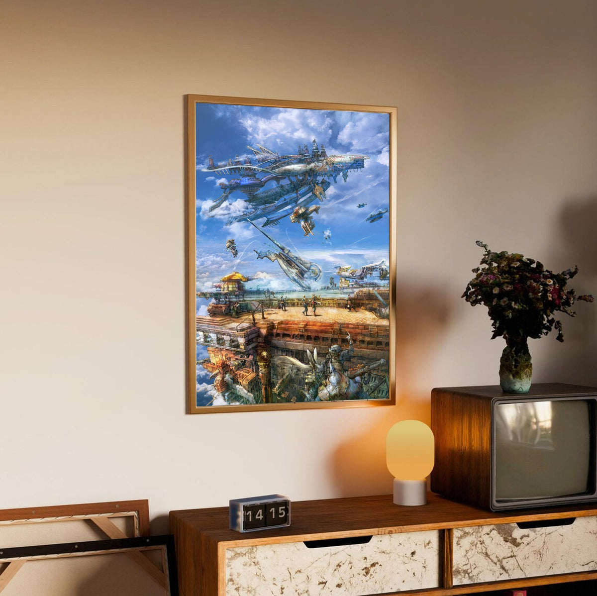 Final Fantasy XII Airship Promo Art poster in an oak frame above a sideboard