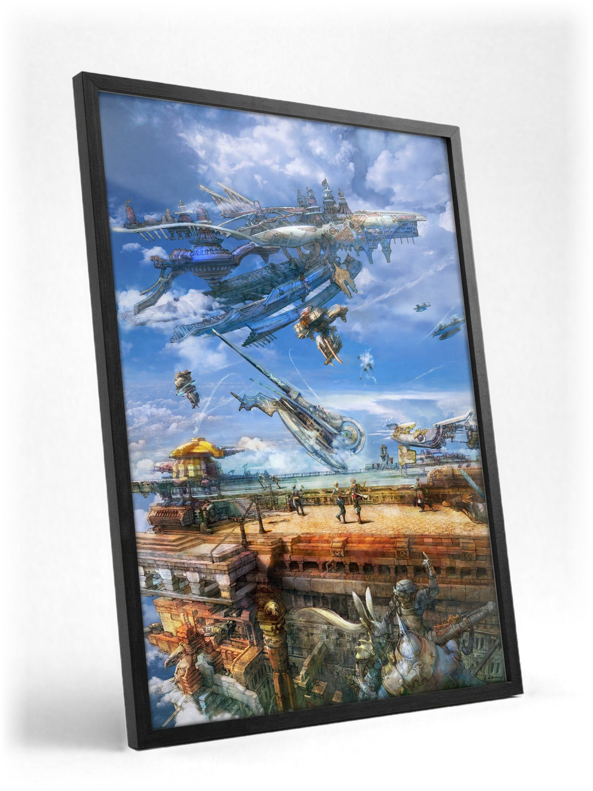 Final Fantasy XII Airship Promo Art poster in a black frame with glass leaning against a wall