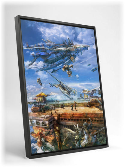 Final Fantasy XII Airship Promo Art as a black floater framed canvas leaning against a wall