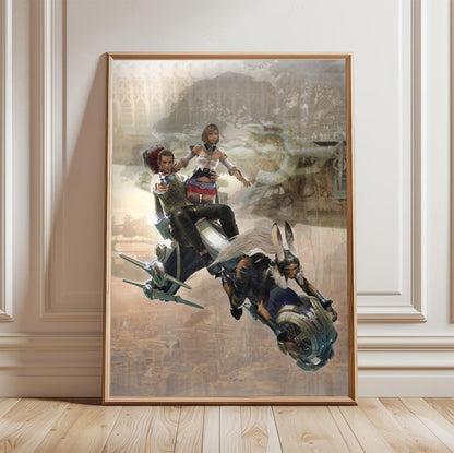 Final Fantasy XII Ashe Balthier and Fran poster in a light oak frame leaning against a white wall
