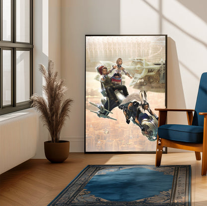 Final Fantasy XII Ashe Balthier and Fran poster framed beside a blue armchair in a sunlit room