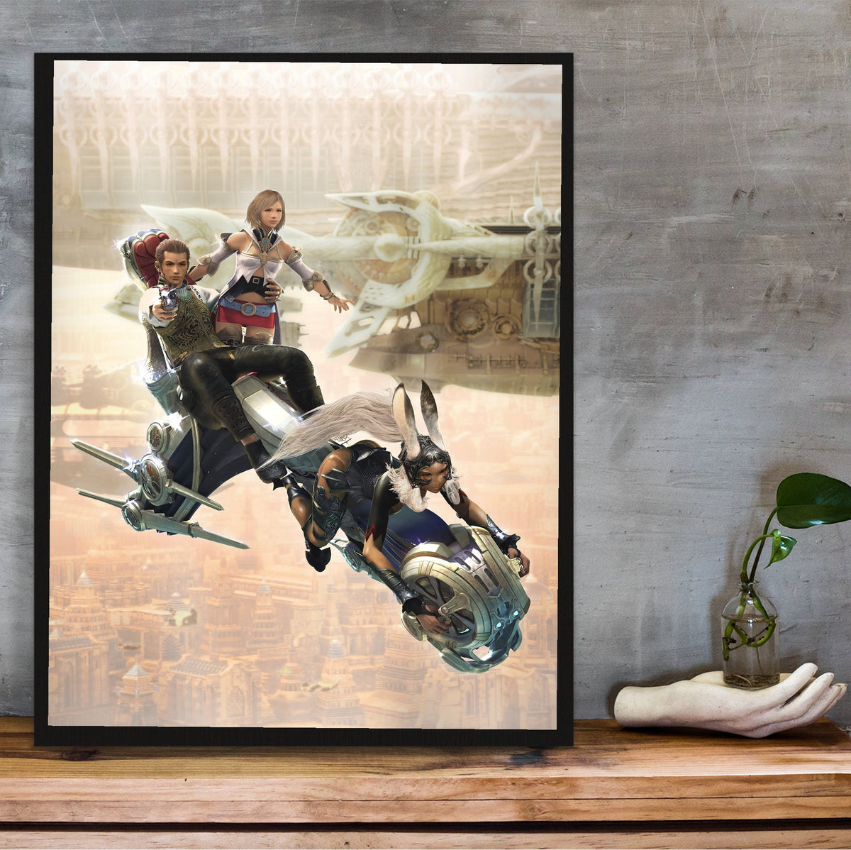 Final Fantasy XII Ashe Balthier and Fran poster in a black frame on a wooden shelf against concrete
