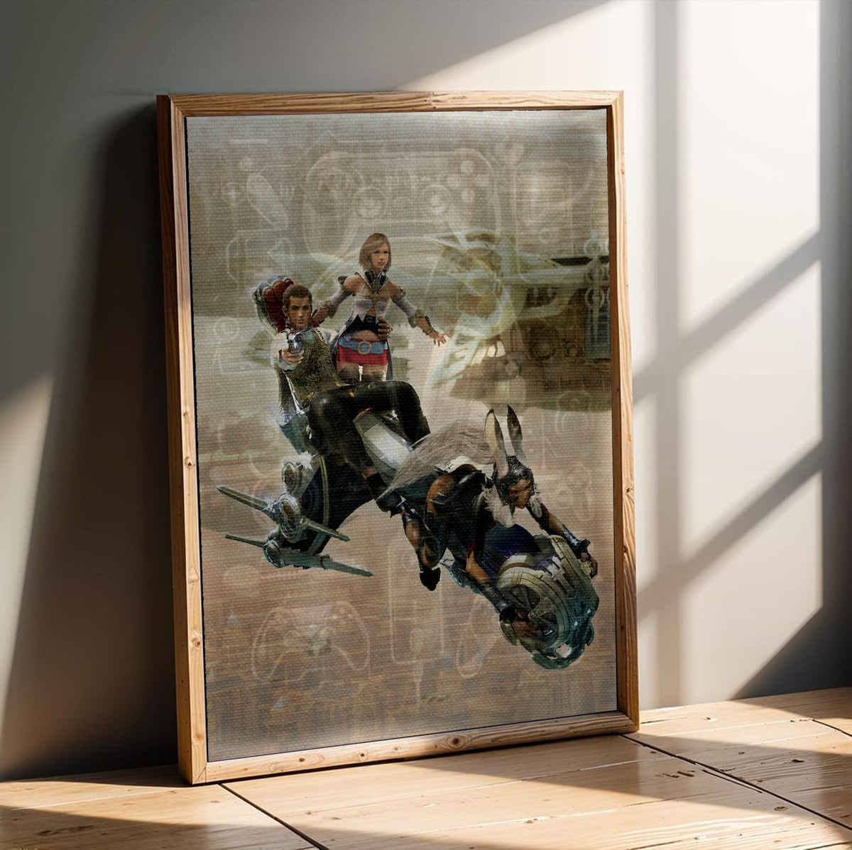 Final Fantasy XII Ashe Balthier and Fran poster in an oak frame leaning on a wooden floor