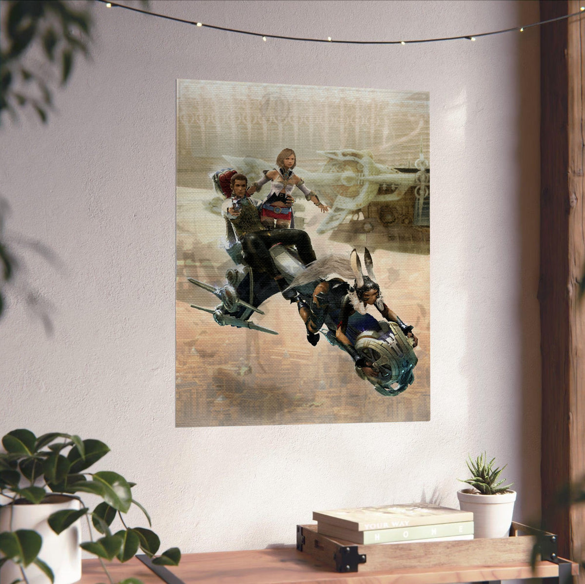 Final Fantasy XII Ashe Balthier and Fran poster unframed on a white wall above a desk