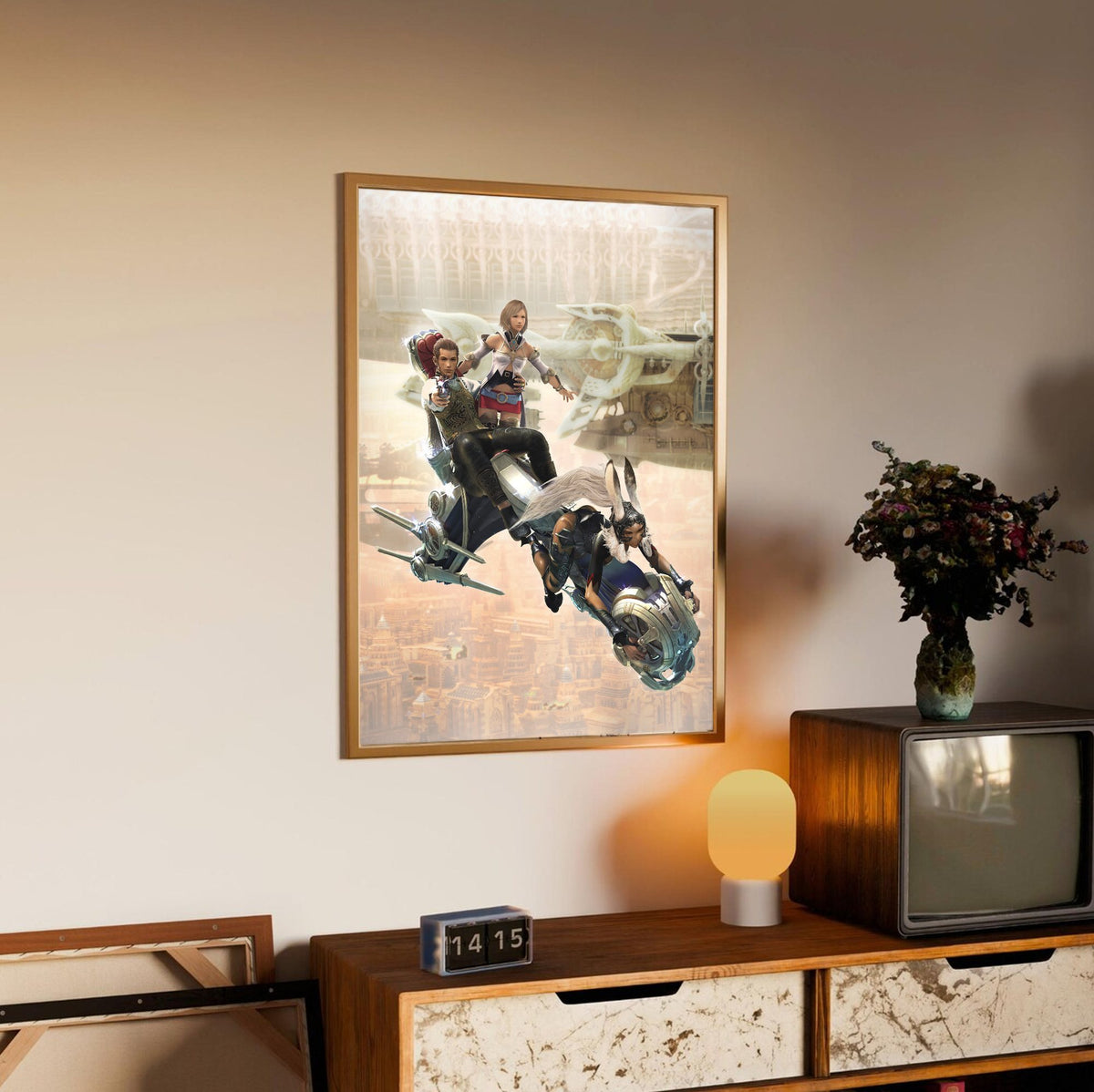 Final Fantasy XII Ashe Balthier and Fran poster in an oak frame above a sideboard