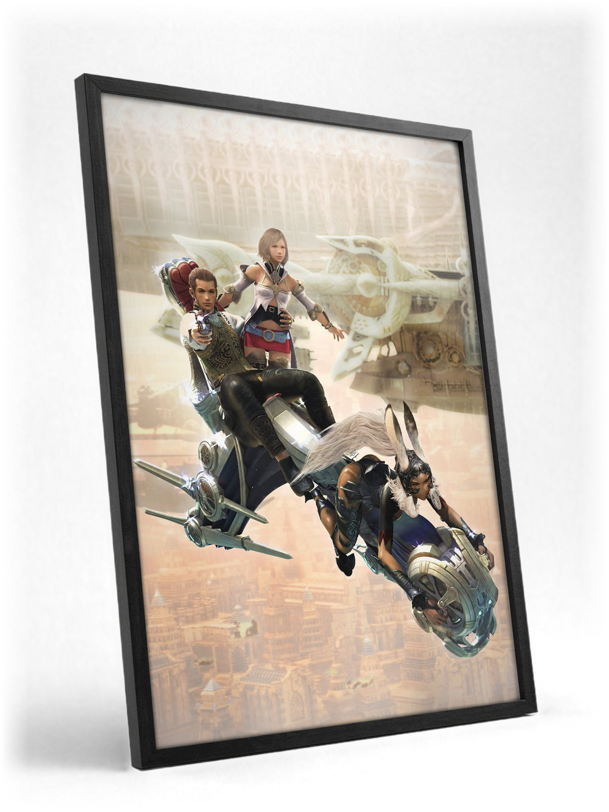Final Fantasy XII Ashe Balthier and Fran poster in a black frame with glass leaning against a wall