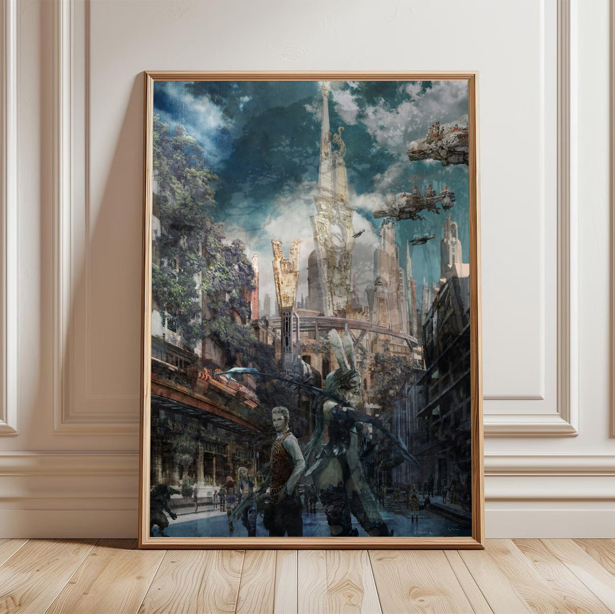 Final Fantasy XII Fran and Balthier Art poster in a light oak frame leaning against a white wall