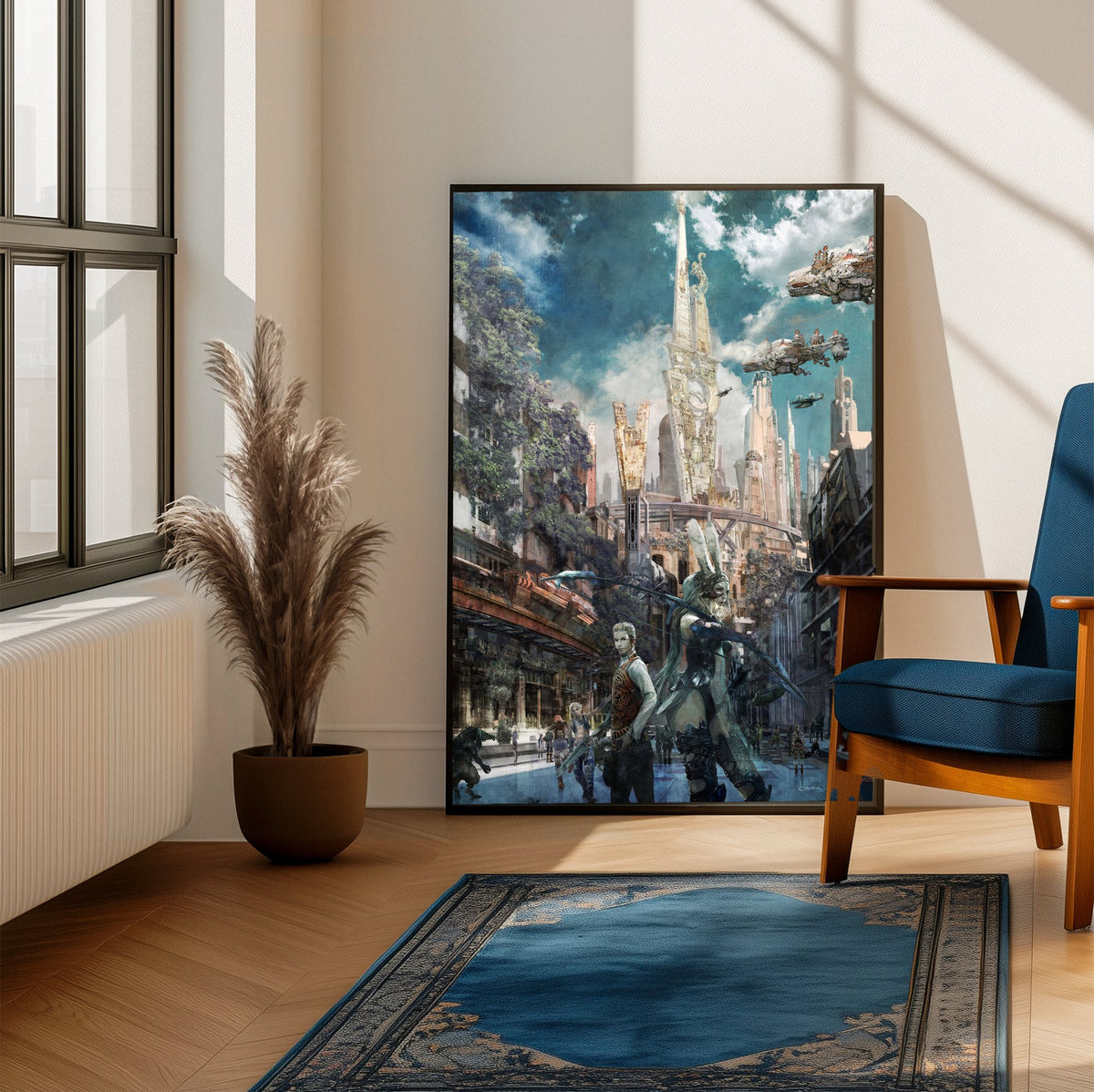 Final Fantasy XII Fran and Balthier Art poster framed beside a blue armchair in a sunlit room