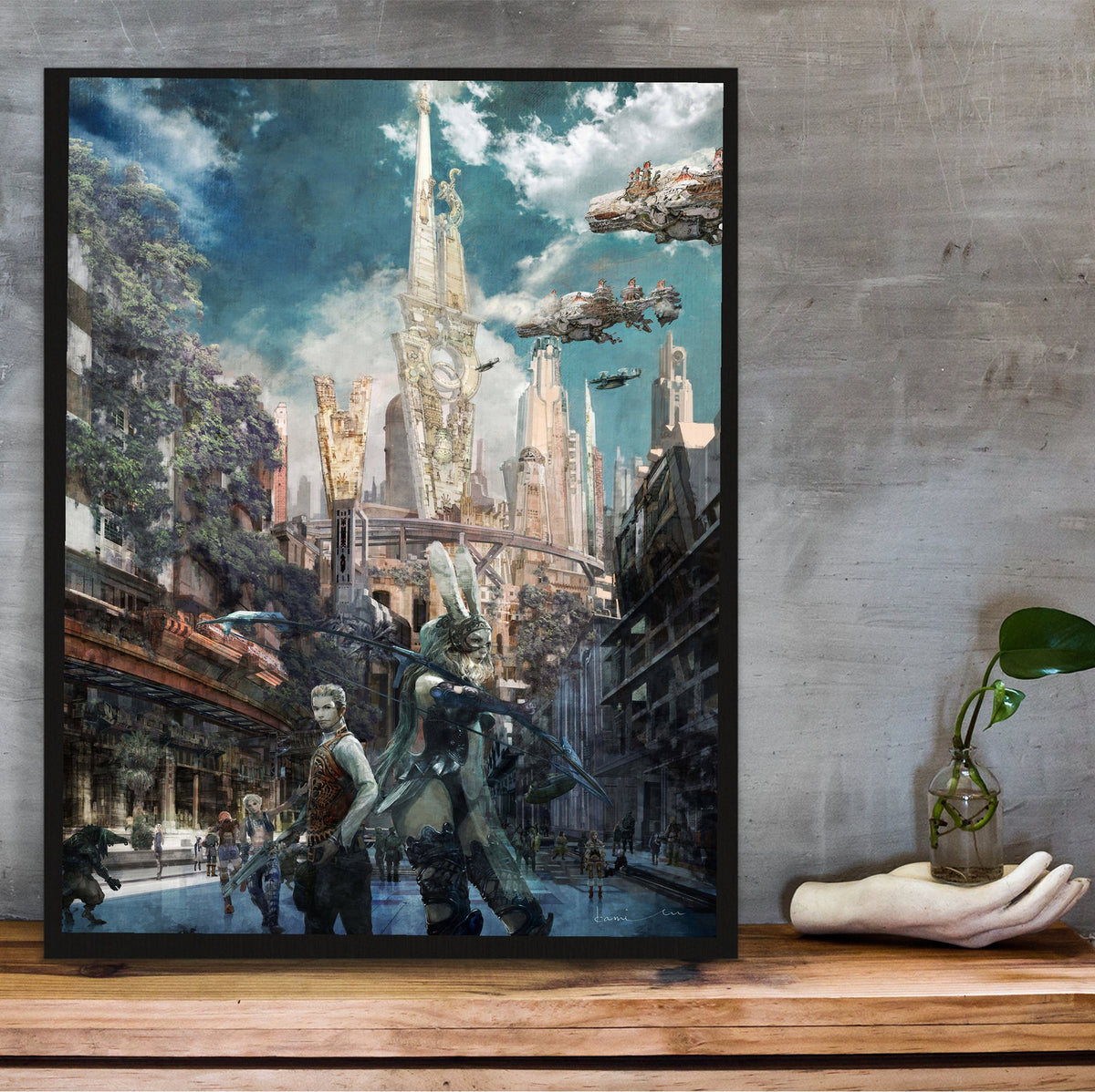 Final Fantasy XII Fran and Balthier Art poster in a black frame on a wooden shelf against concrete