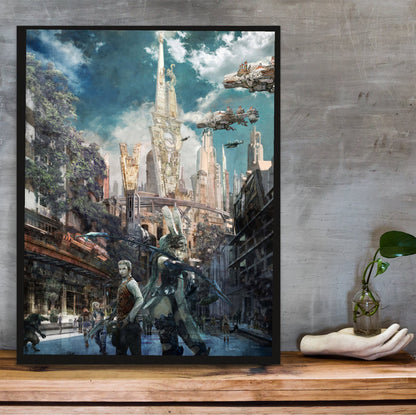 Final Fantasy XII Fran and Balthier Art poster in a black frame on a wooden shelf against concrete