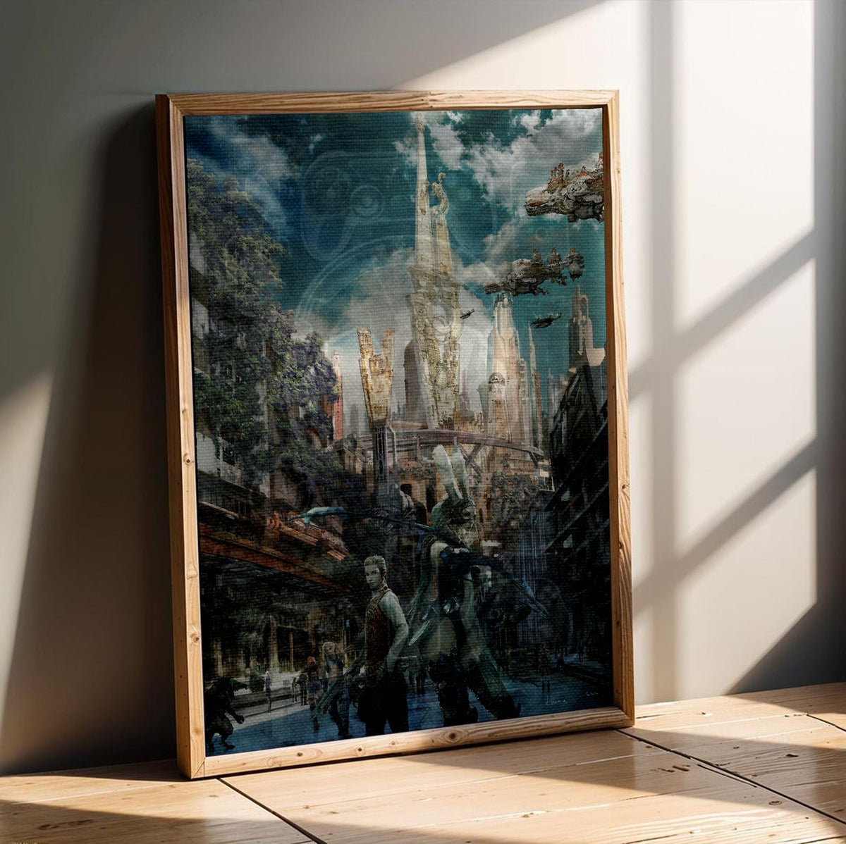 Final Fantasy XII Fran and Balthier Art poster in an oak frame leaning on a wooden floor